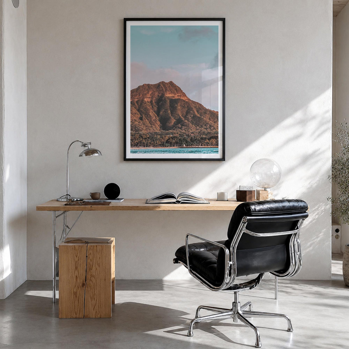 Waikiki no. 2 colorful photo poster of Hawaii, USA – vertical wall art in black wood frame with white border, hanging on wall