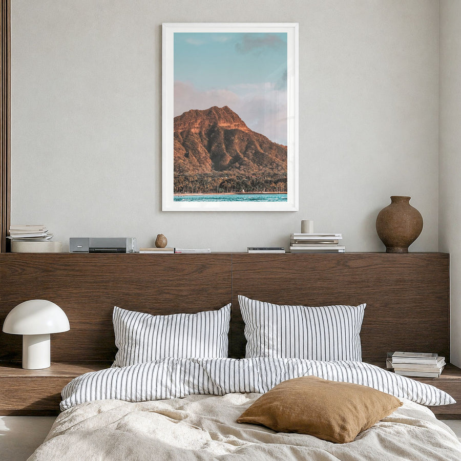 Waikiki Photo No 1 Poster in a white wood frame, hanging in a bedroom, white border