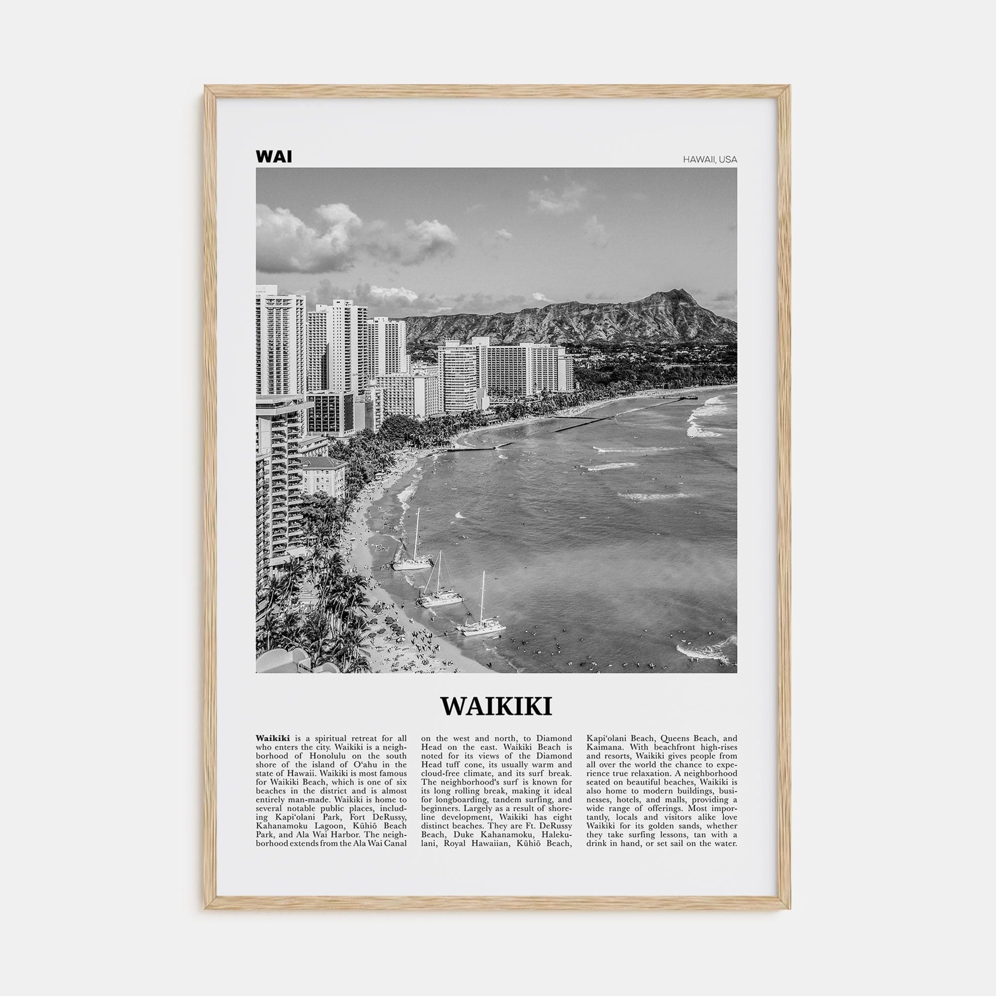 Waikiki Poster Natural Wood / 8x12 in Nbourhood Travel B&W Poster