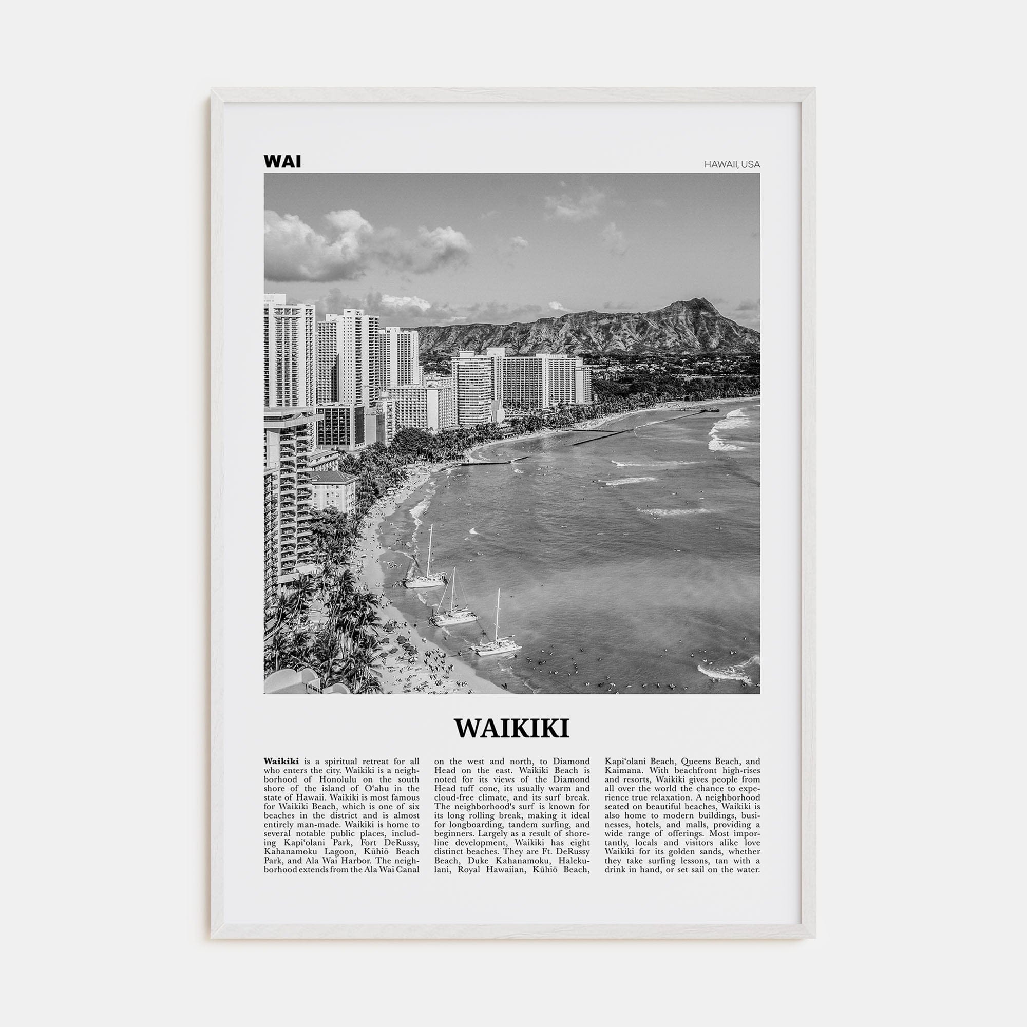 Waikiki Poster White Wood / 8x12 in Nbourhood Travel B&W Poster