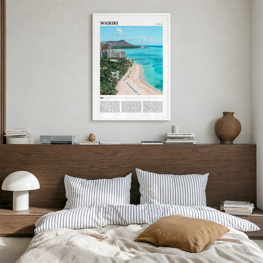 Waikiki Travel Poster in a white wood frame, hanging in a bedroom