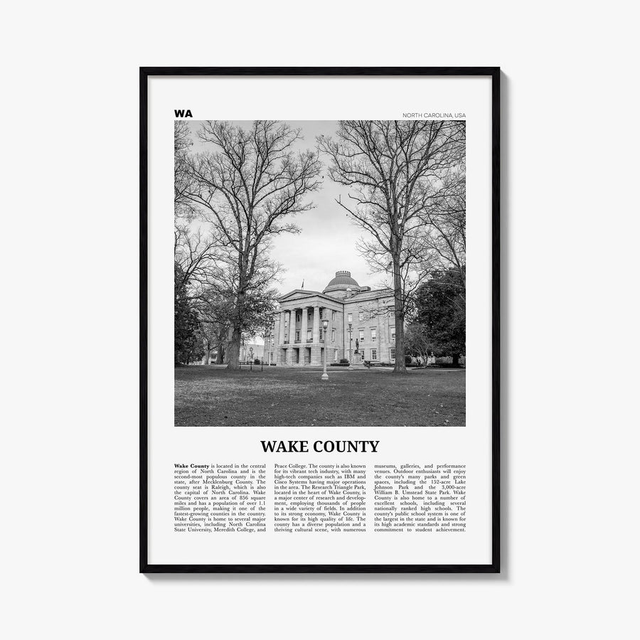 Wake County black & white newspaper poster of North Carolina, USA – vertical wall art, unframed print shown in interior mocku