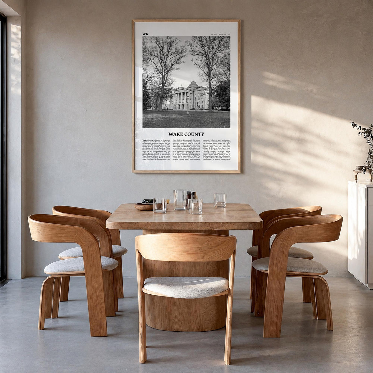 Wake County black & white newspaper poster of North Carolina, USA – vertical wall art in natural wood frame, hanging on wall