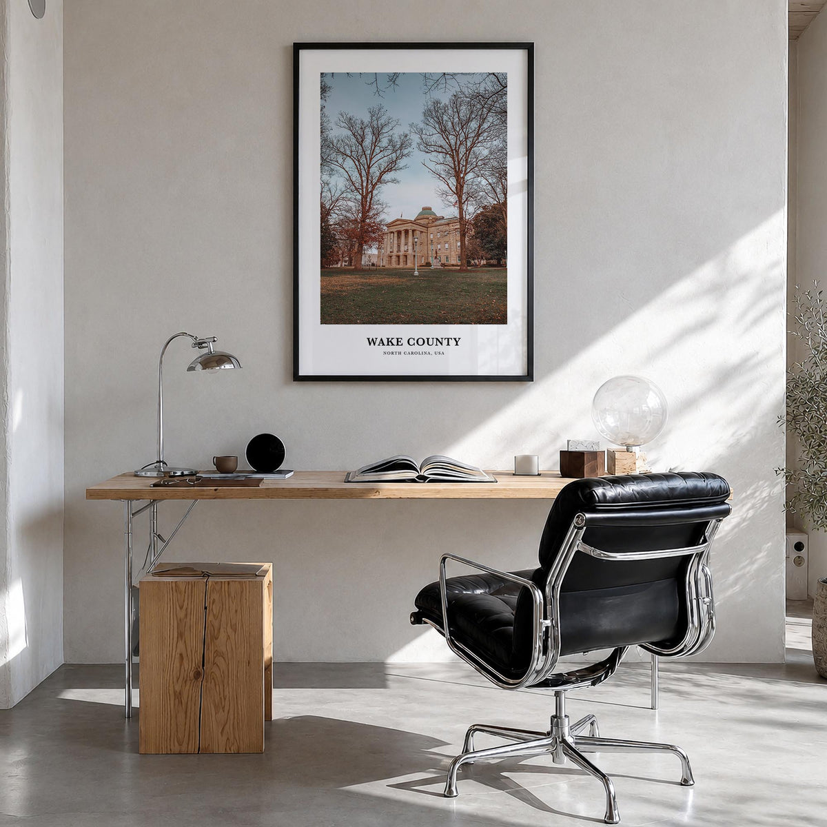 Wake County colorful classic poster of North Carolina, USA – vertical wall art in black wood frame, hanging on wall