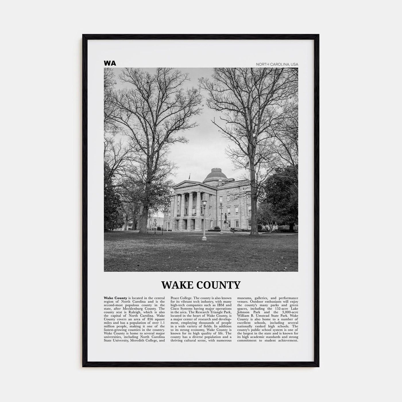 Wake County Poster Black Wood / 8x12 in Nbourhood Travel B&W Poster