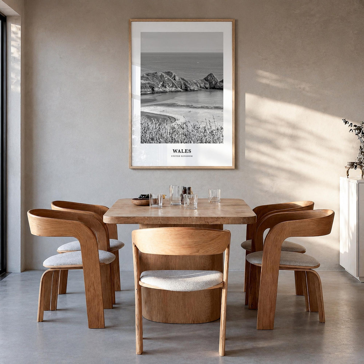 Wales black & white classic poster of United Kingdom – vertical wall art in natural wood frame, hanging on wall