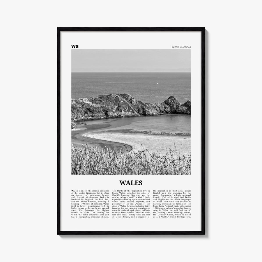 Wales black & white newspaper poster of United Kingdom – vertical wall art, unframed print shown in interior mockup