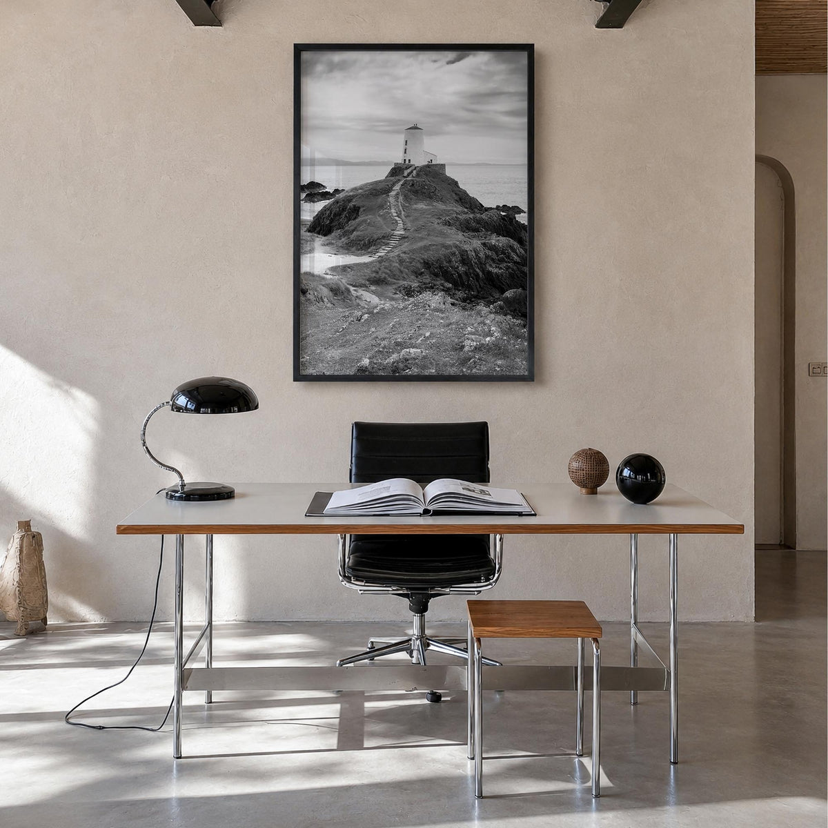 Wales black & white photo poster of United Kingdom – vertical wall art in black wood frame, hanging on wall