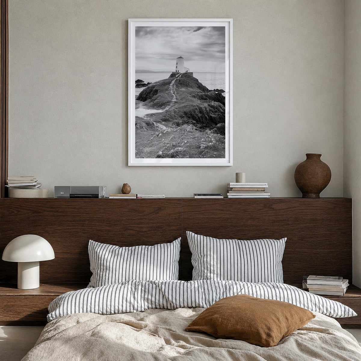 Wales black & white photo poster of United Kingdom – vertical wall art in white wood frame with white border, hanging on wall