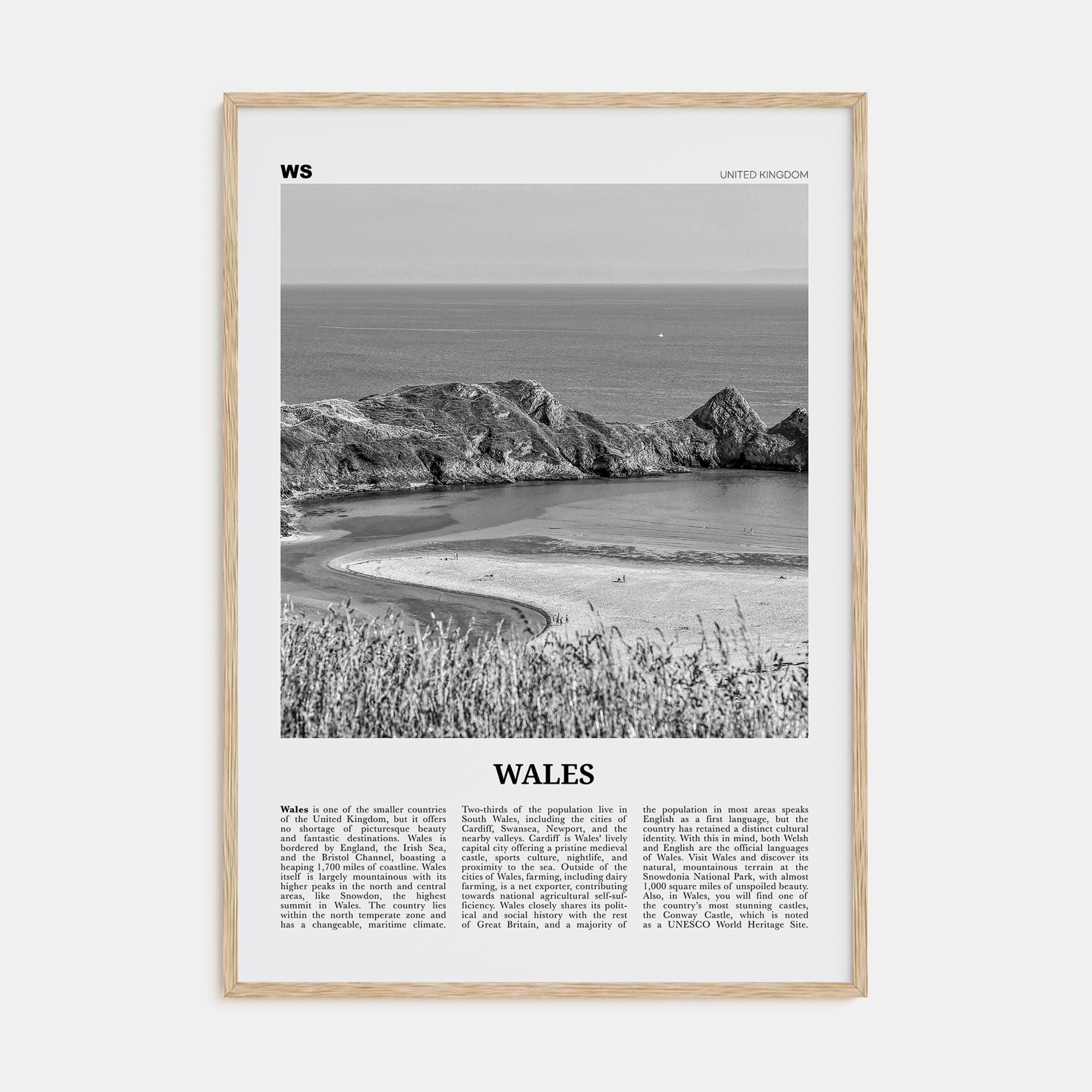 Wales Poster Natural Wood / 8x12 in Nbourhood Travel B&W Poster