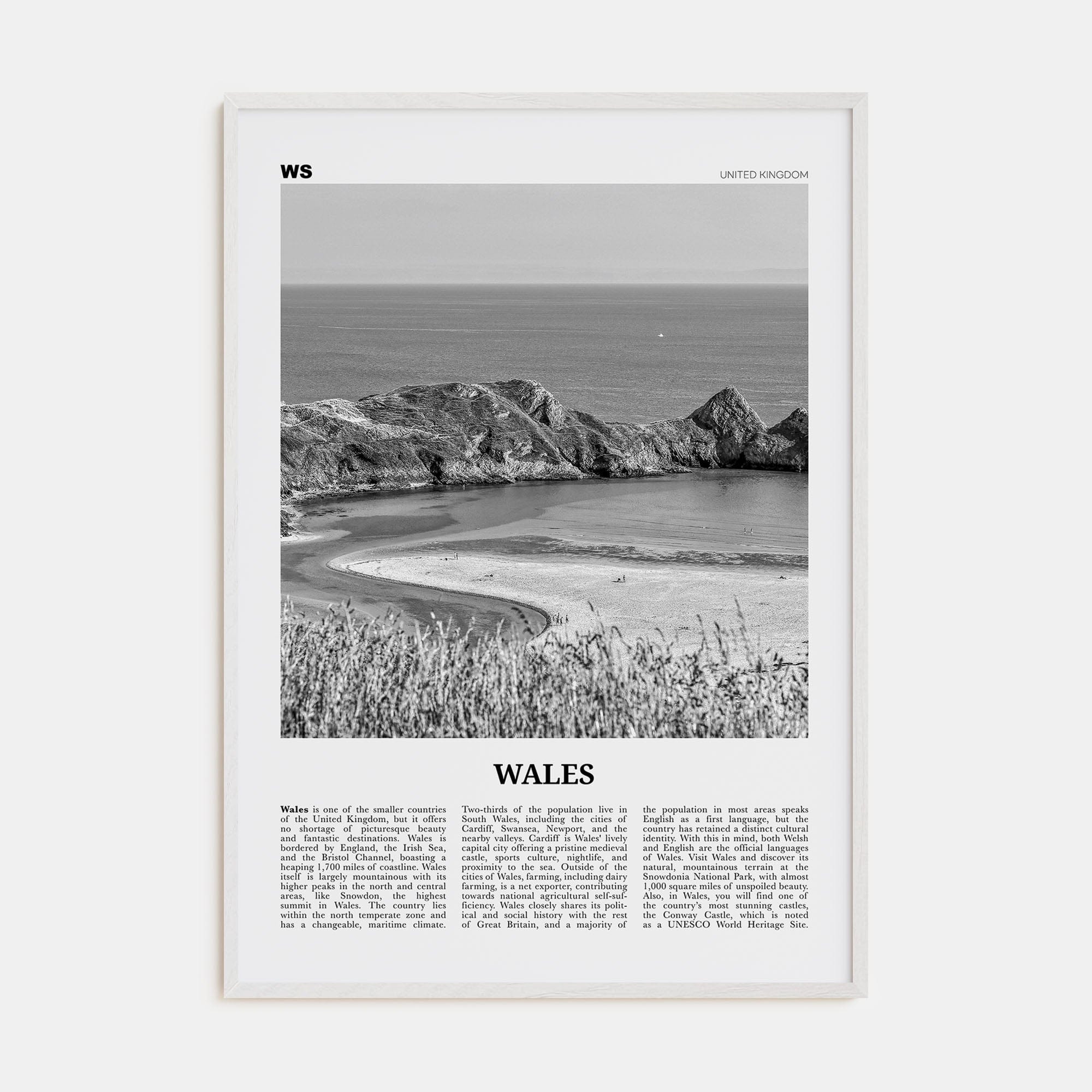 Wales Poster White Wood / 8x12 in Nbourhood Travel B&W Poster