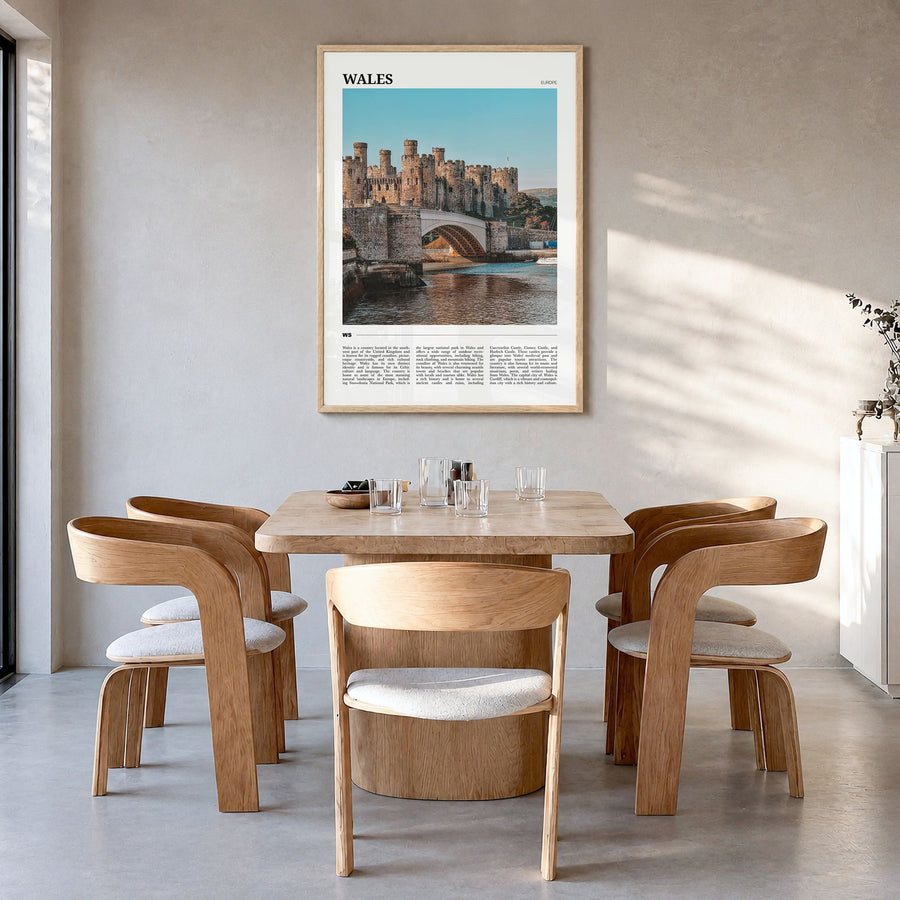 Wales Travel Poster in a natural wood frame, hanging in a dining room