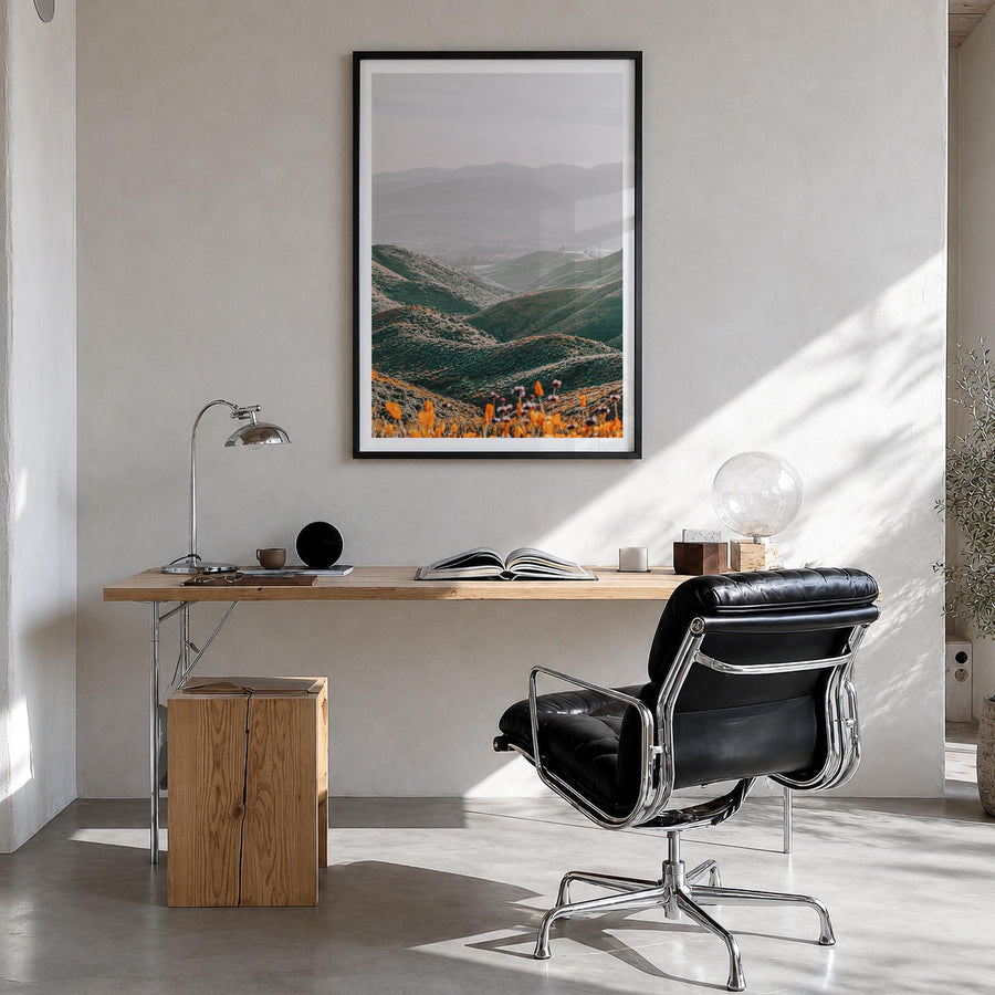 Walker Canyon colorful photo poster of California, USA – vertical wall art in black wood frame with white border, hanging on 