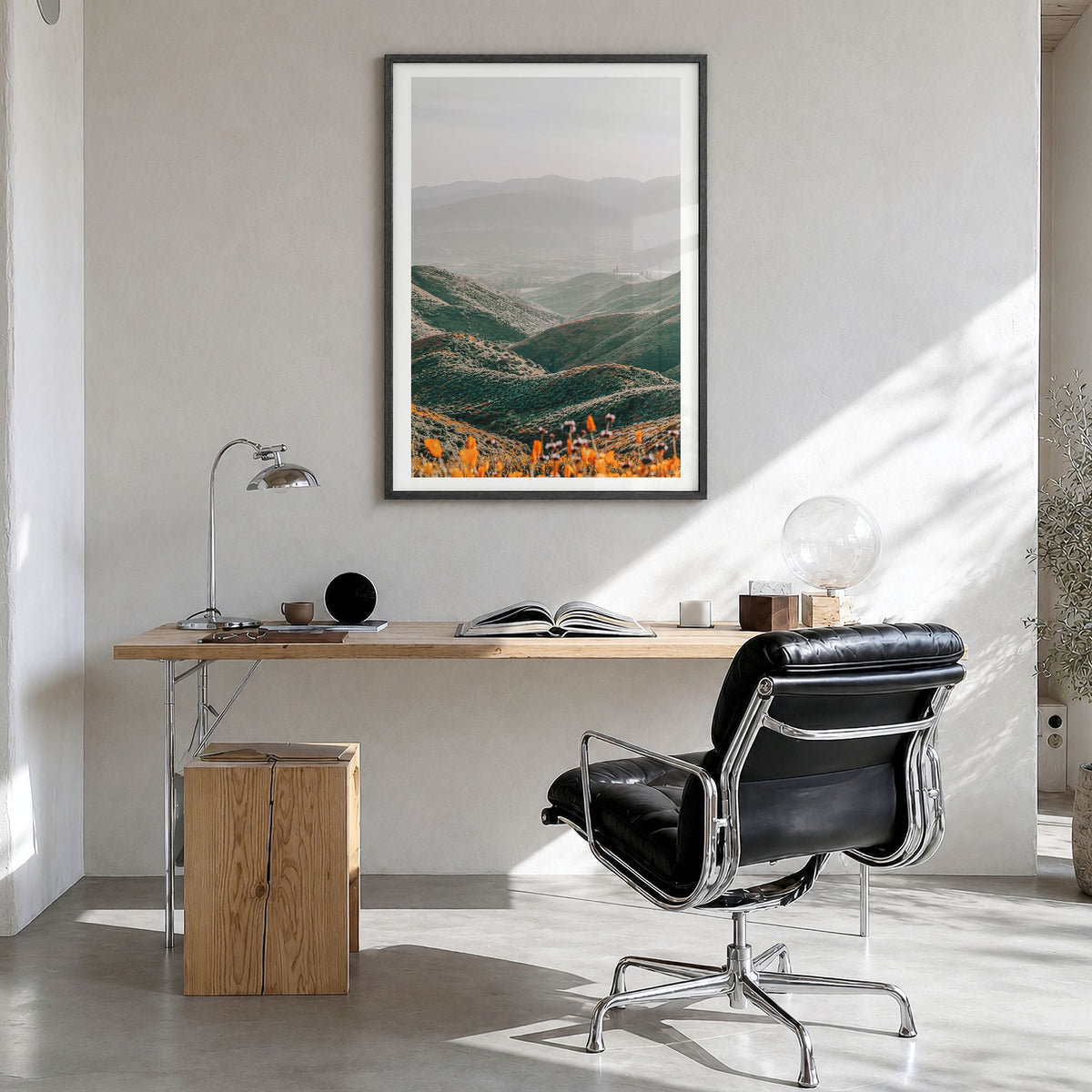 Walker Canyon Photo Poster in a black wood frame, hanging in a bright home office, white border
