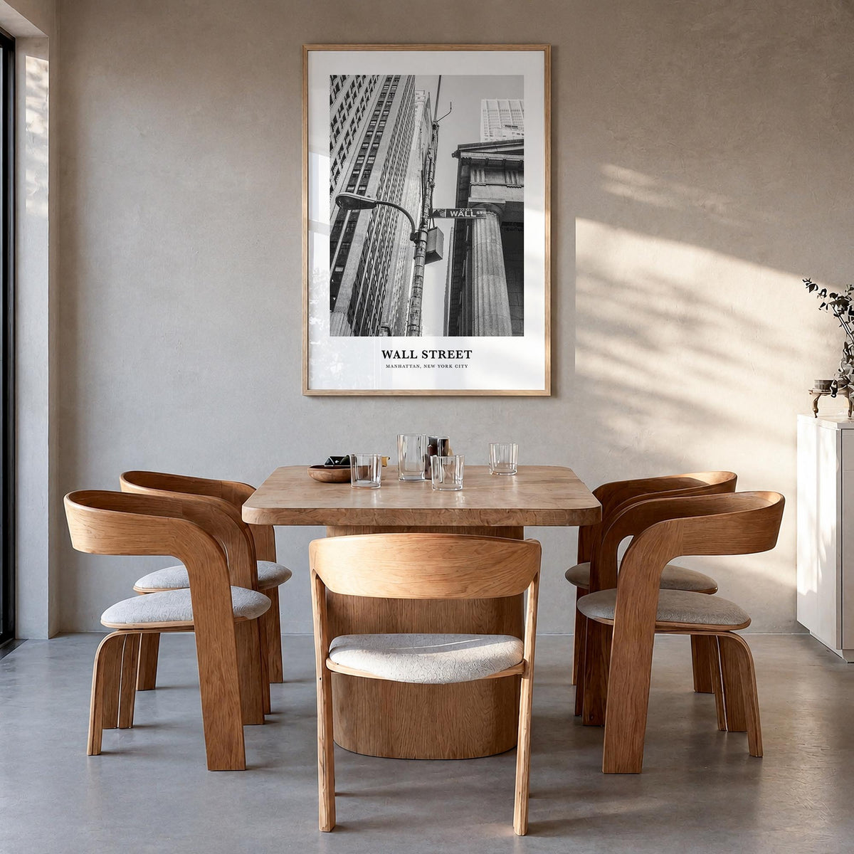 Wall Street black & white classic poster of Manhattan, New York City – vertical wall art in natural wood frame, hanging on wa