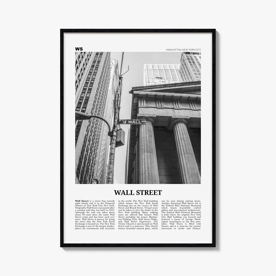 Wall Street black & white newspaper poster of Manhattan, New York City – vertical wall art, unframed print shown in interior 
