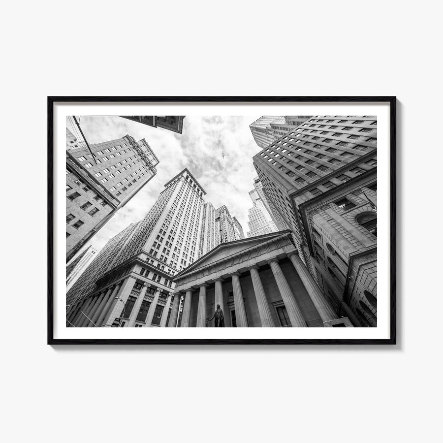 Wall Street black & white photo poster of Manhattan, New York City – horizontal wall art, unframed print shown in interior mo