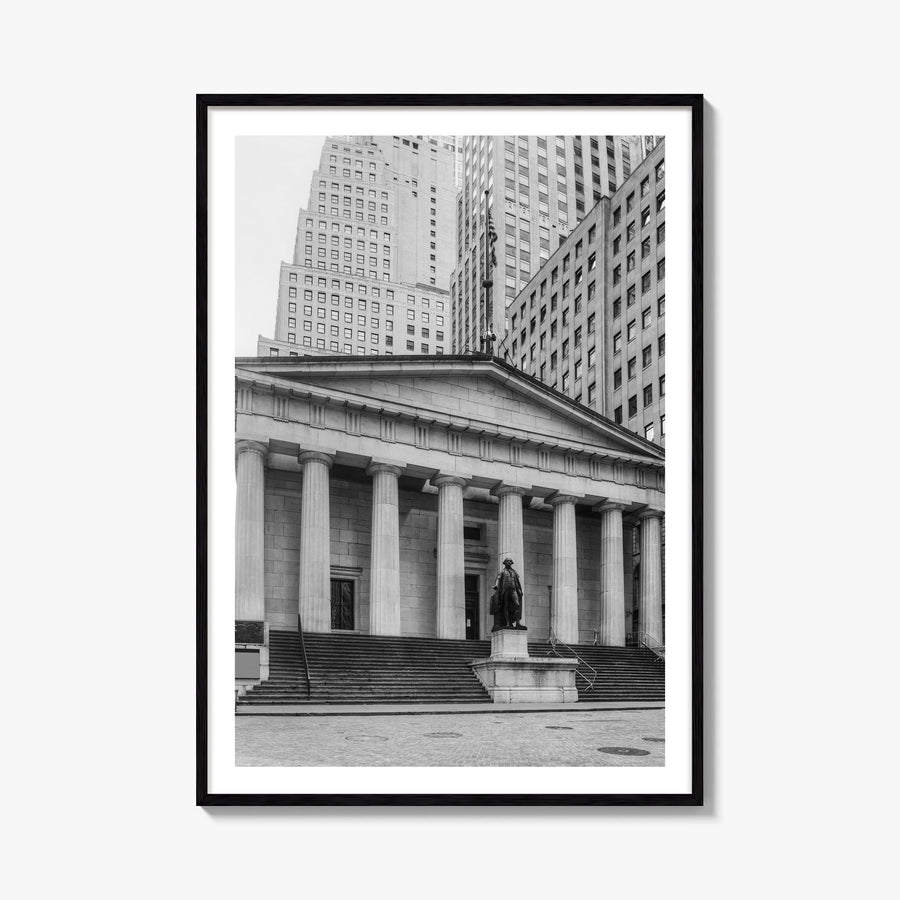 Wall Street black & white photo poster of Manhattan, New York City – vertical wall art, unframed print shown in interior mock
