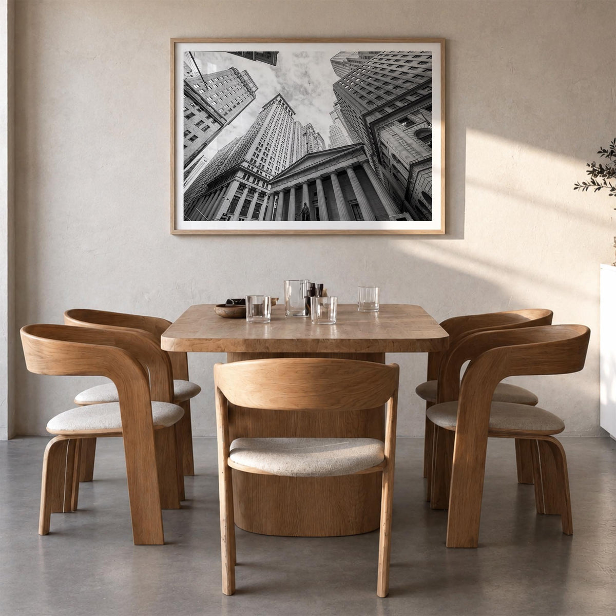 Wall Street black & white photo poster of Manhattan, New York City – horizontal wall art in natural wood frame with white bor