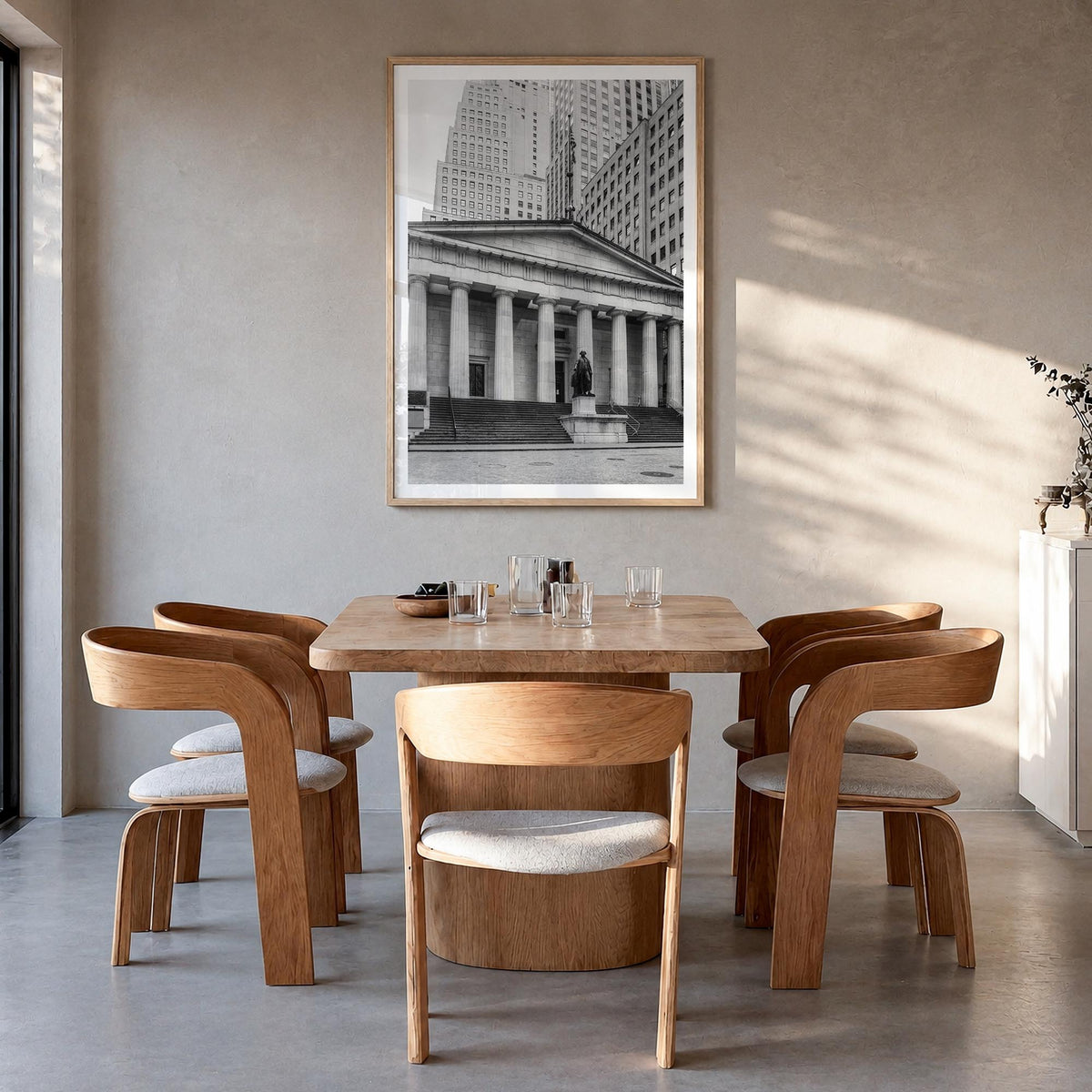 Wall Street black & white photo poster of Manhattan, New York City – vertical wall art in natural wood frame with white borde