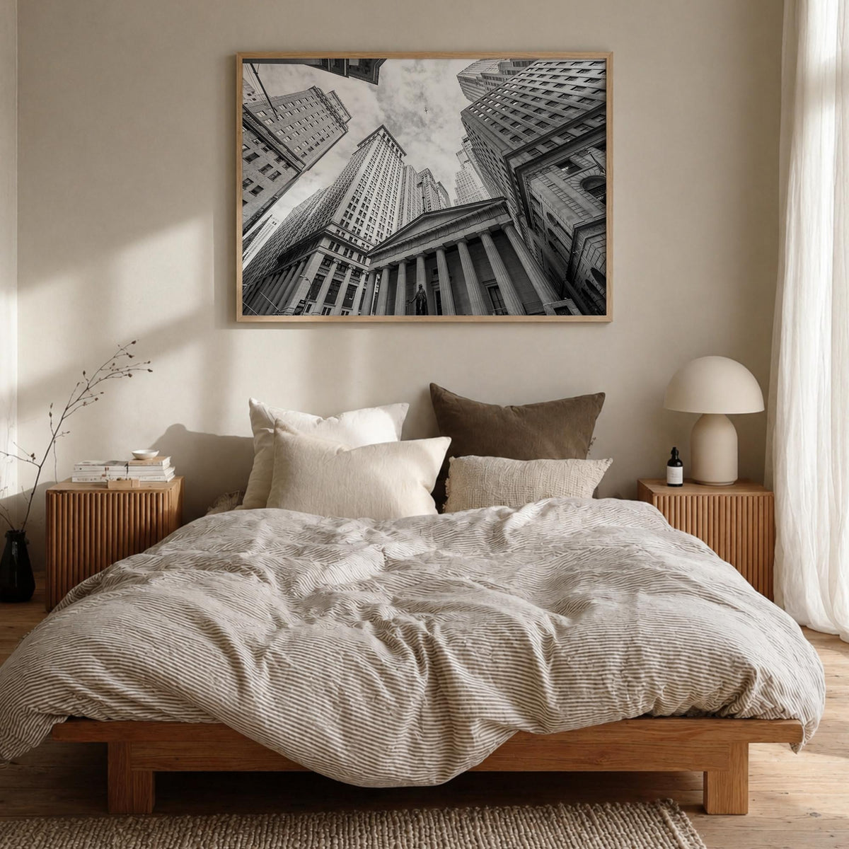 Wall Street black & white photo poster of Manhattan, New York City – horizontal wall art in natural wood frame, hanging on wa