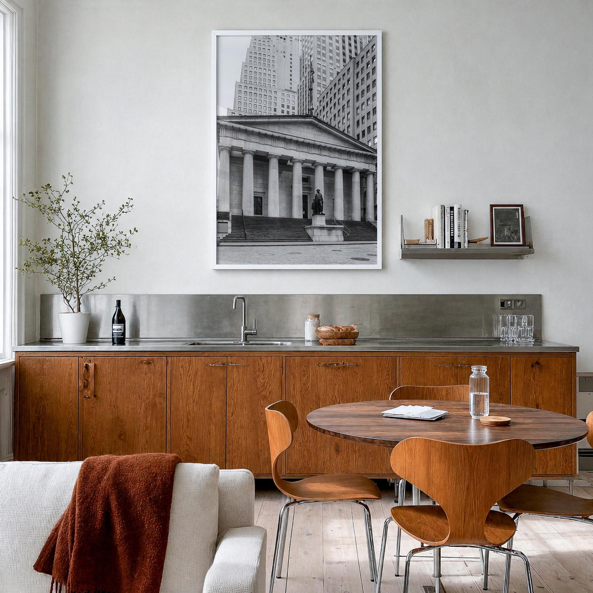 Wall Street black & white photo poster of Manhattan, New York City – vertical wall art in white wood frame, hanging on wall