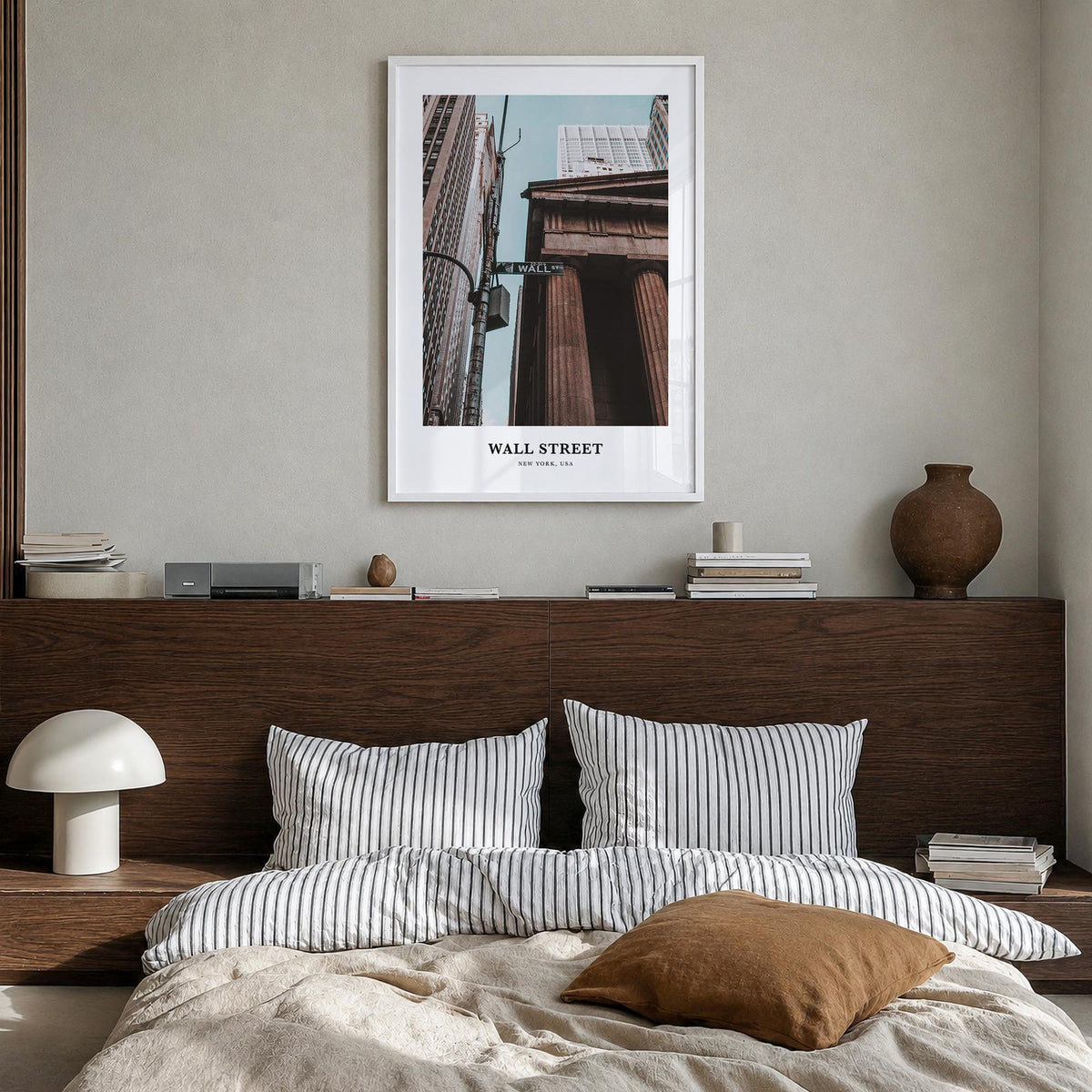 Wall Street colorful classic poster of Manhattan, New York City – vertical wall art in white wood frame, hanging on wall