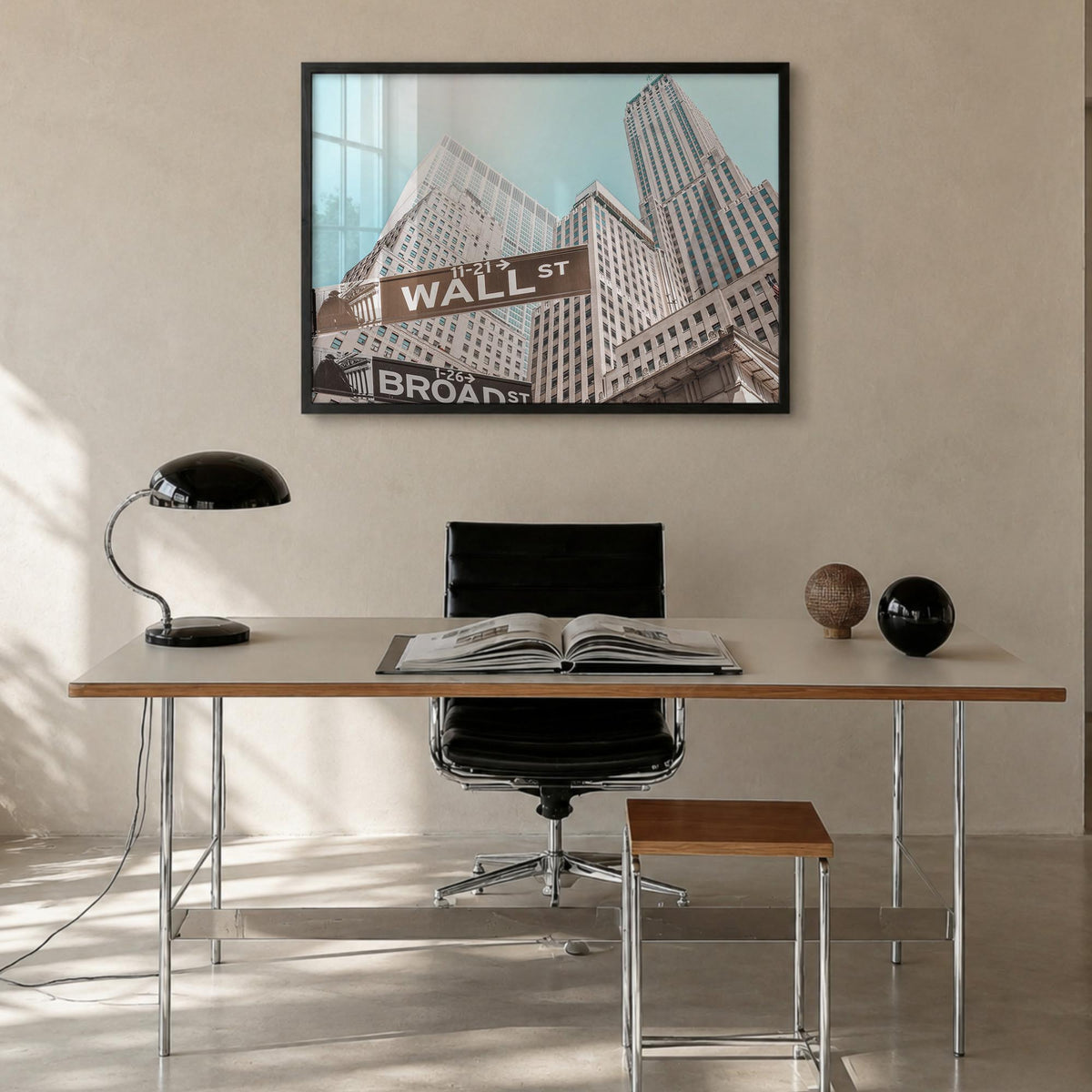 Wall Street colorful photo poster of Manhattan, New York City – horizontal wall art in black wood frame, hanging on wall