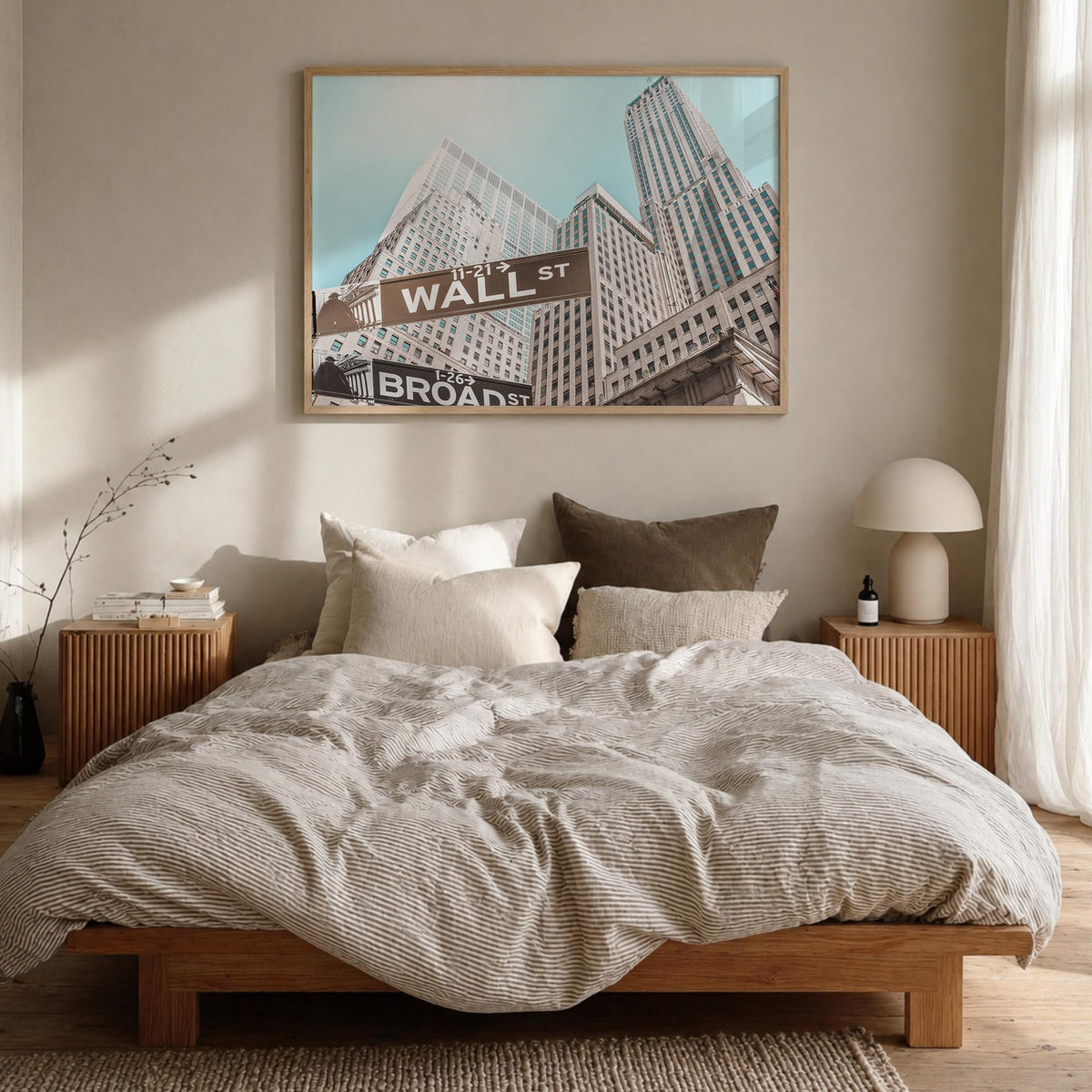 Wall Street colorful photo poster of Manhattan, New York City – horizontal wall art in natural wood frame, hanging on wall