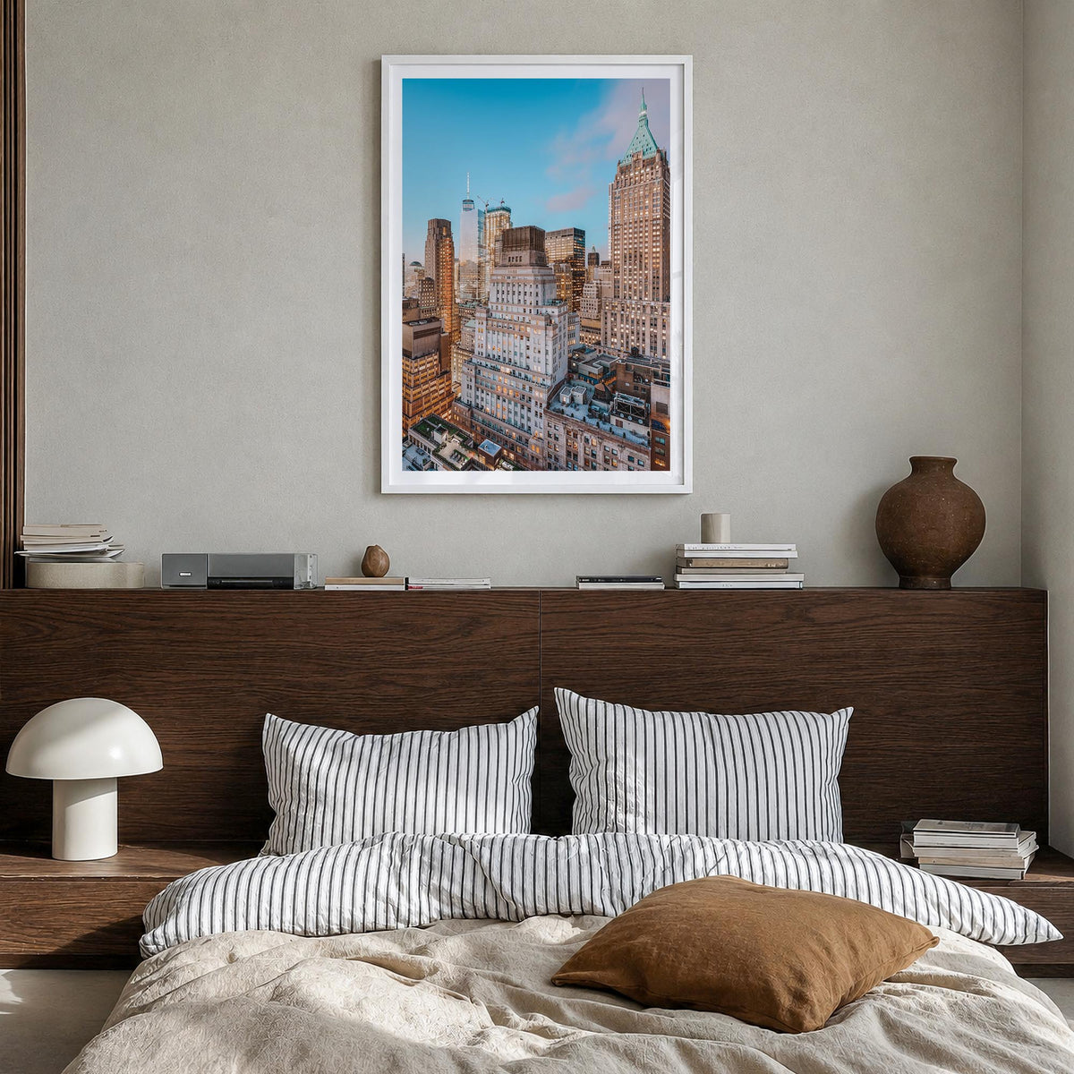 Wall Street colorful photo poster of Manhattan, New York City – vertical wall art in white wood frame with white border, hang