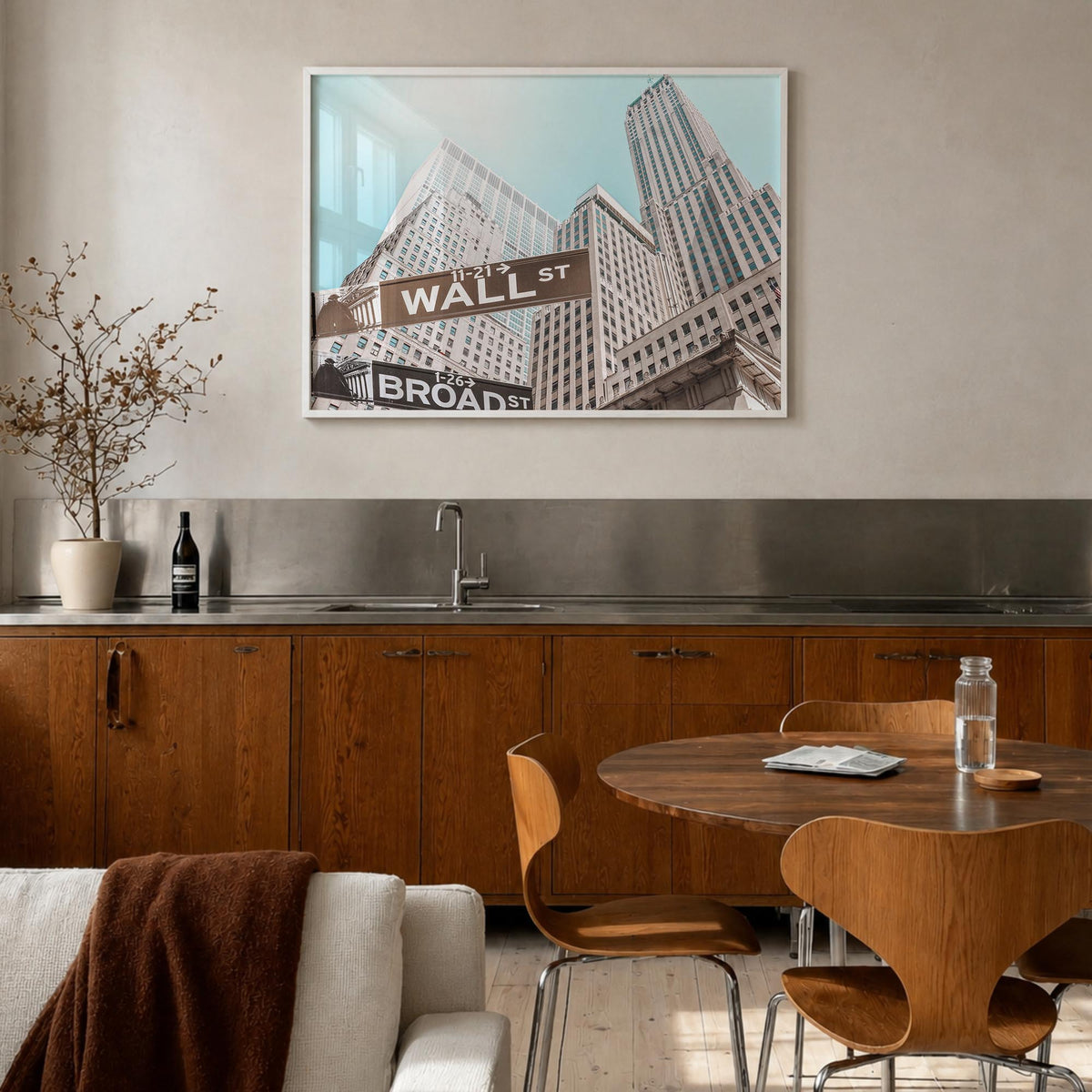 Wall Street colorful photo poster of Manhattan, New York City – horizontal wall art in white wood frame, hanging on wall