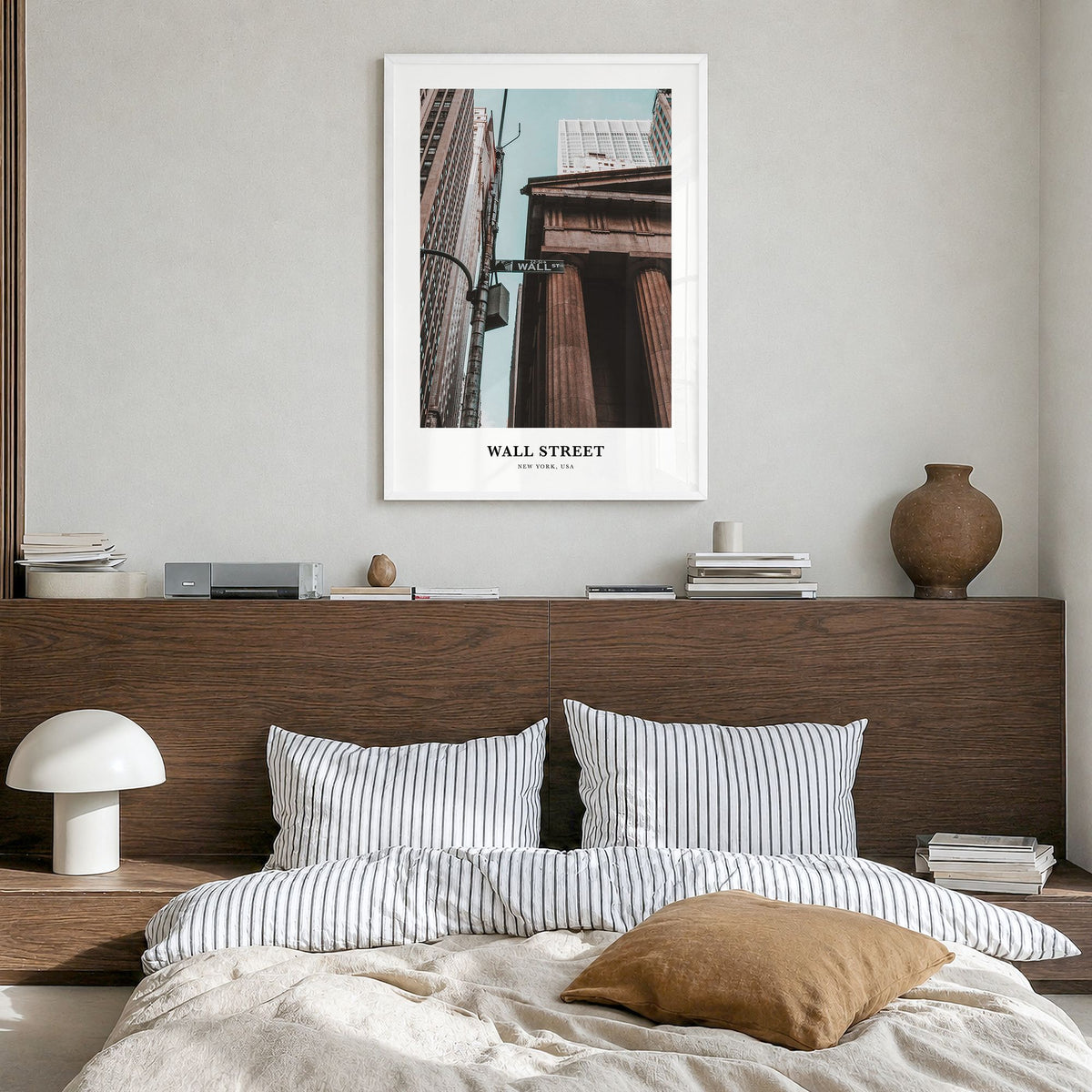 Wall Street Classic Poster in a white wood frame, hanging in a bedroom