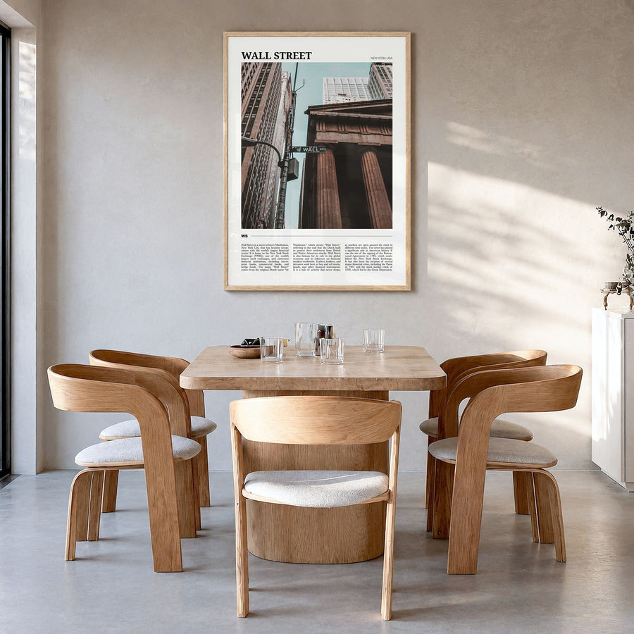 Wall Street Travel Poster in a natural wood frame, hanging in a dining room