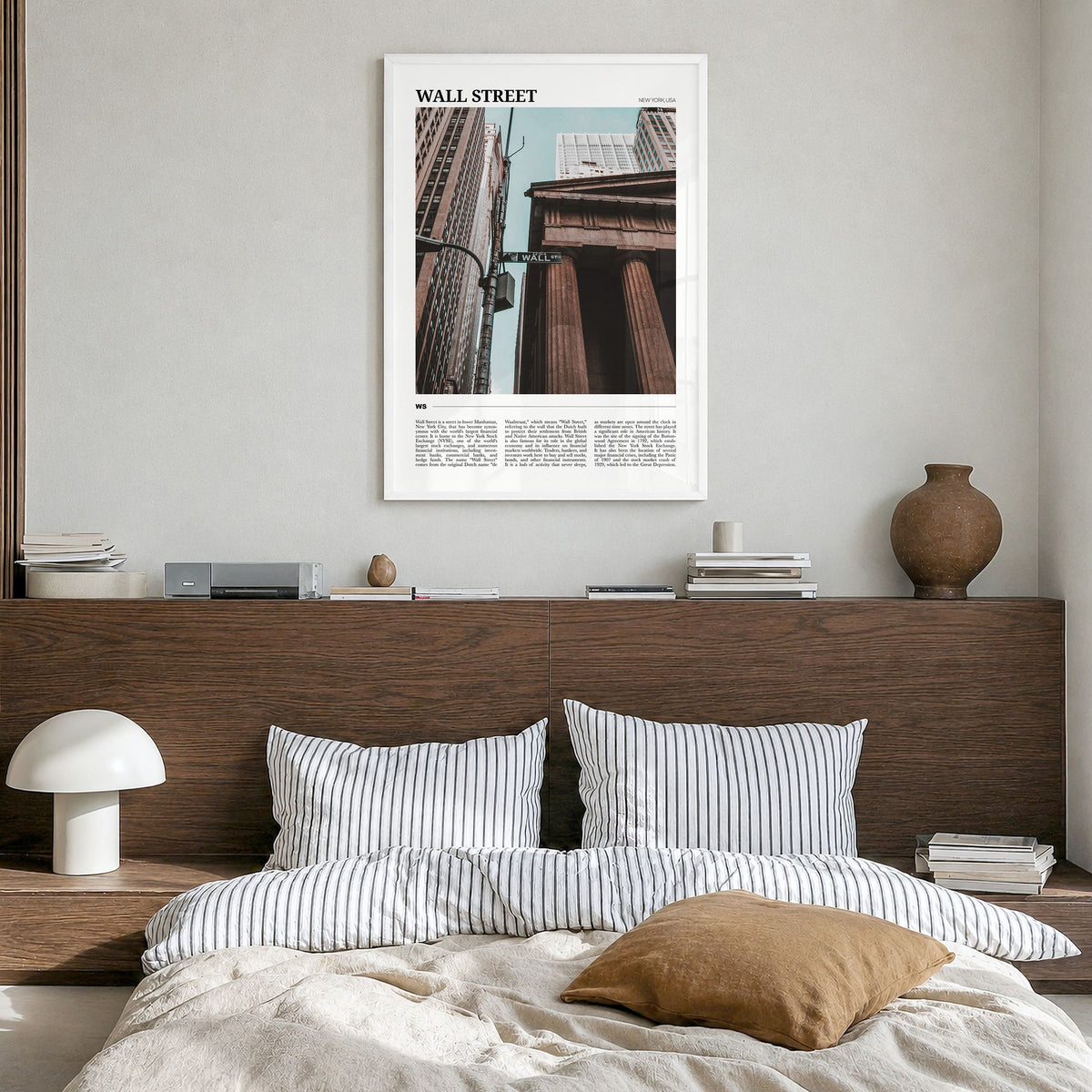 Wall Street Travel Poster in a white wood frame, hanging in a bedroom