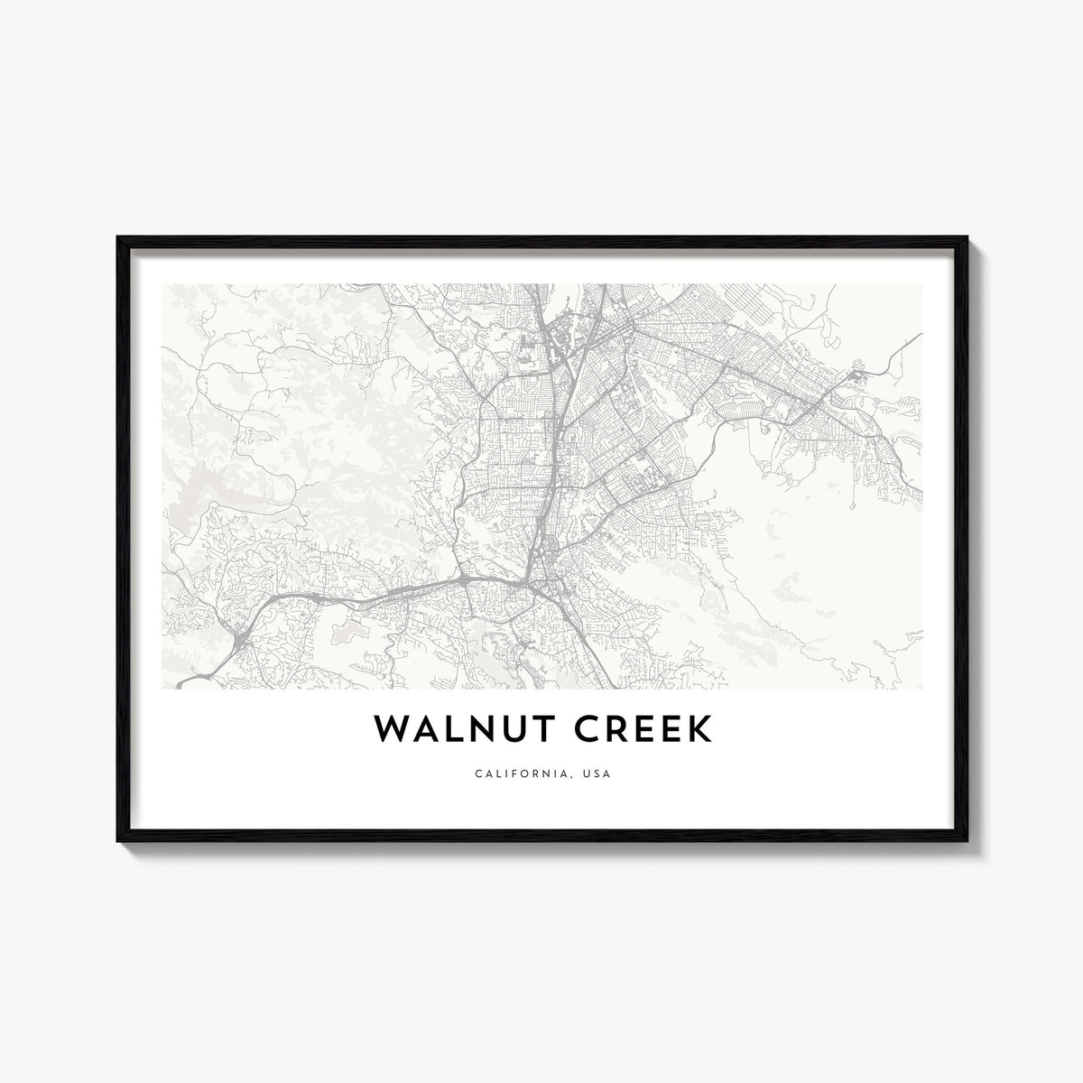 Walnut Creek black & white map poster of California, USA – horizontal wall art, unframed print shown in interior mockup