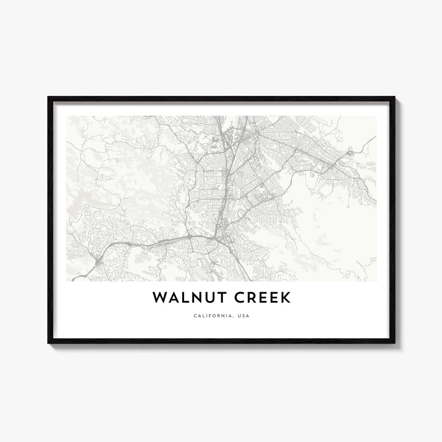 Walnut Creek black & white map poster of California, USA – horizontal wall art, unframed print shown in interior mockup