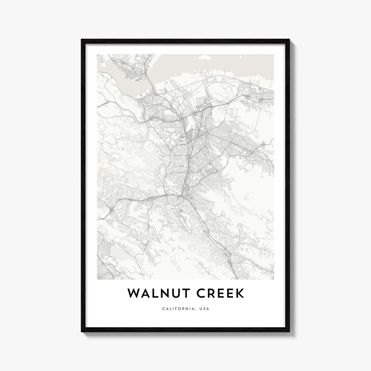 Walnut Creek black & white map poster of California, USA – vertical wall art, unframed print shown in interior mockup