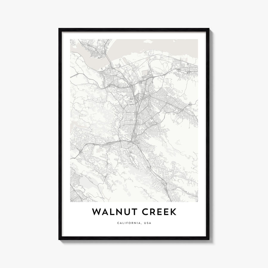 Walnut Creek black & white map poster of California, USA – vertical wall art, unframed print shown in interior mockup