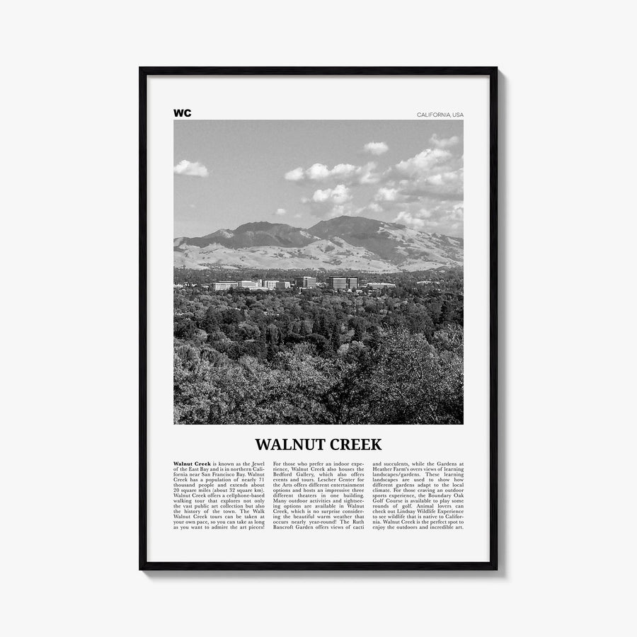 Walnut Creek black & white newspaper poster of California, USA – vertical wall art, unframed print shown in interior mockup