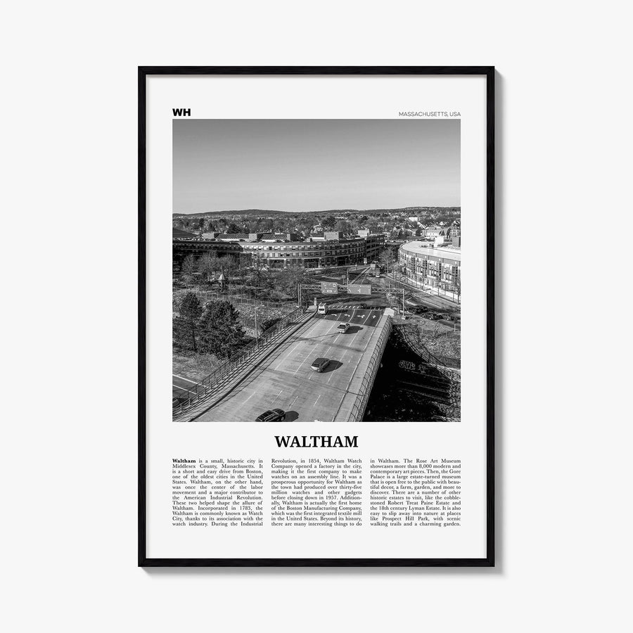 Waltham black & white newspaper poster of Massachusetts, USA – vertical wall art, unframed print shown in interior mockup