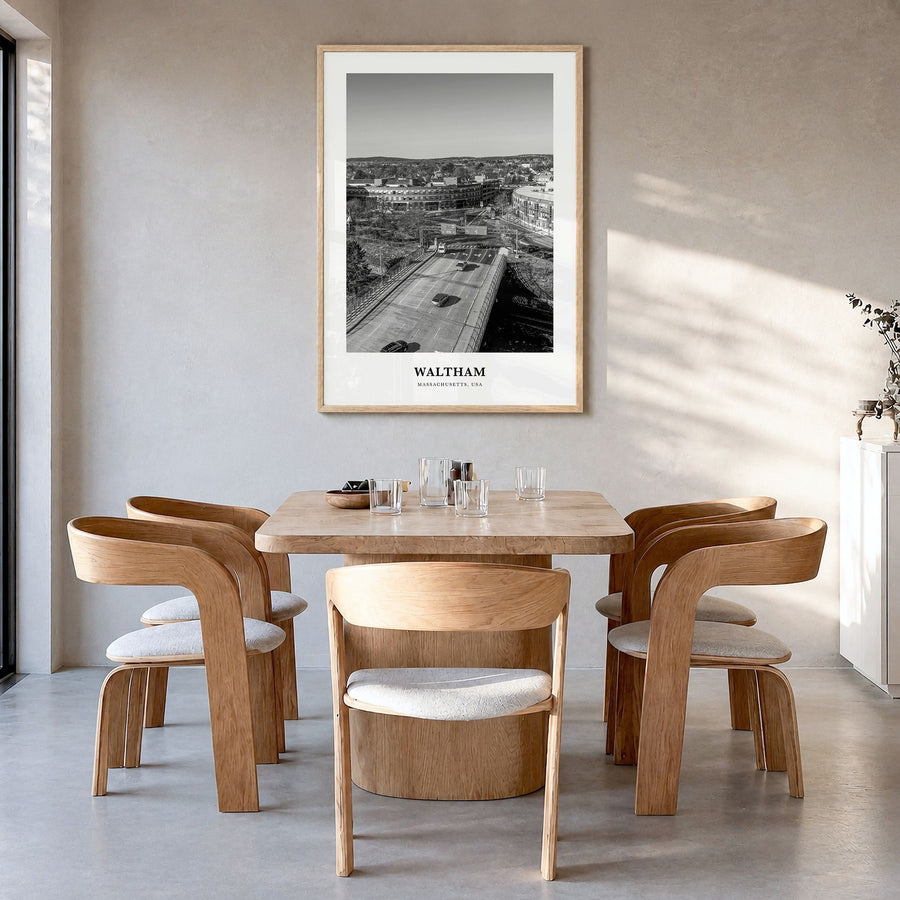 Waltham Classic Poster in a natural wood frame, hanging in a dining room