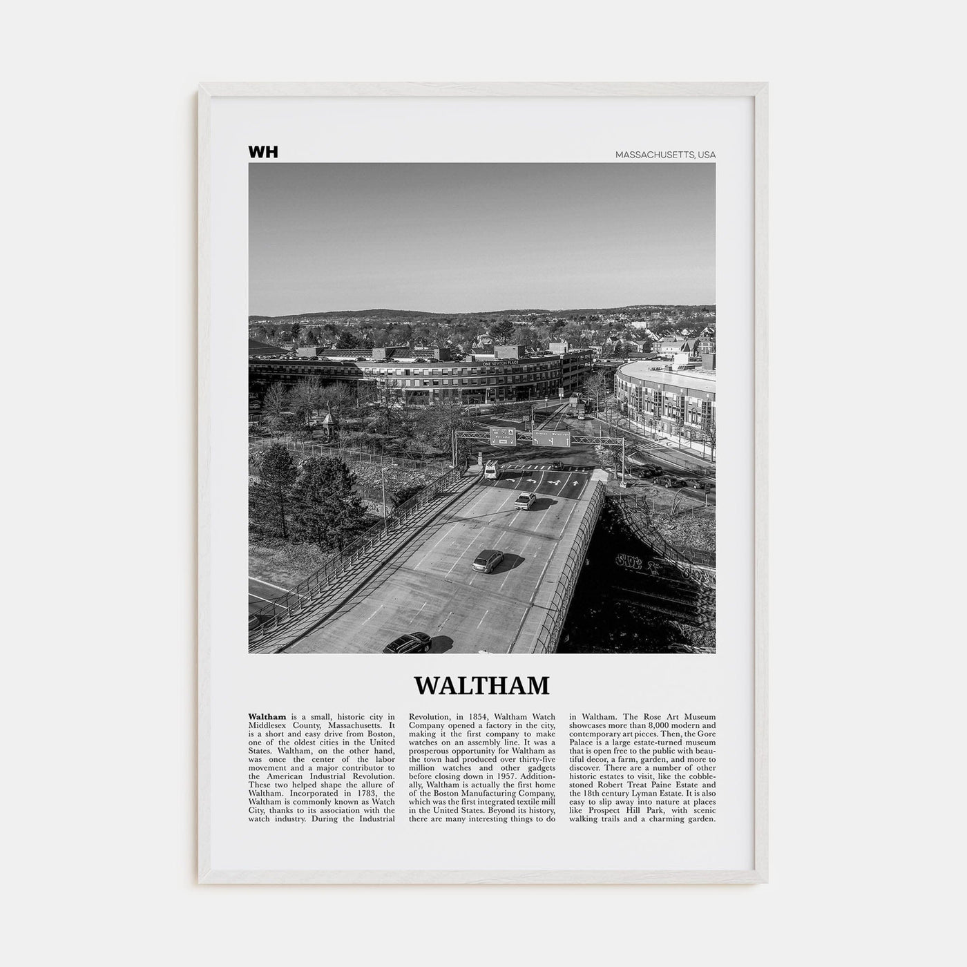 Waltham Poster White Wood / 8x12 in Nbourhood Travel B&W Poster