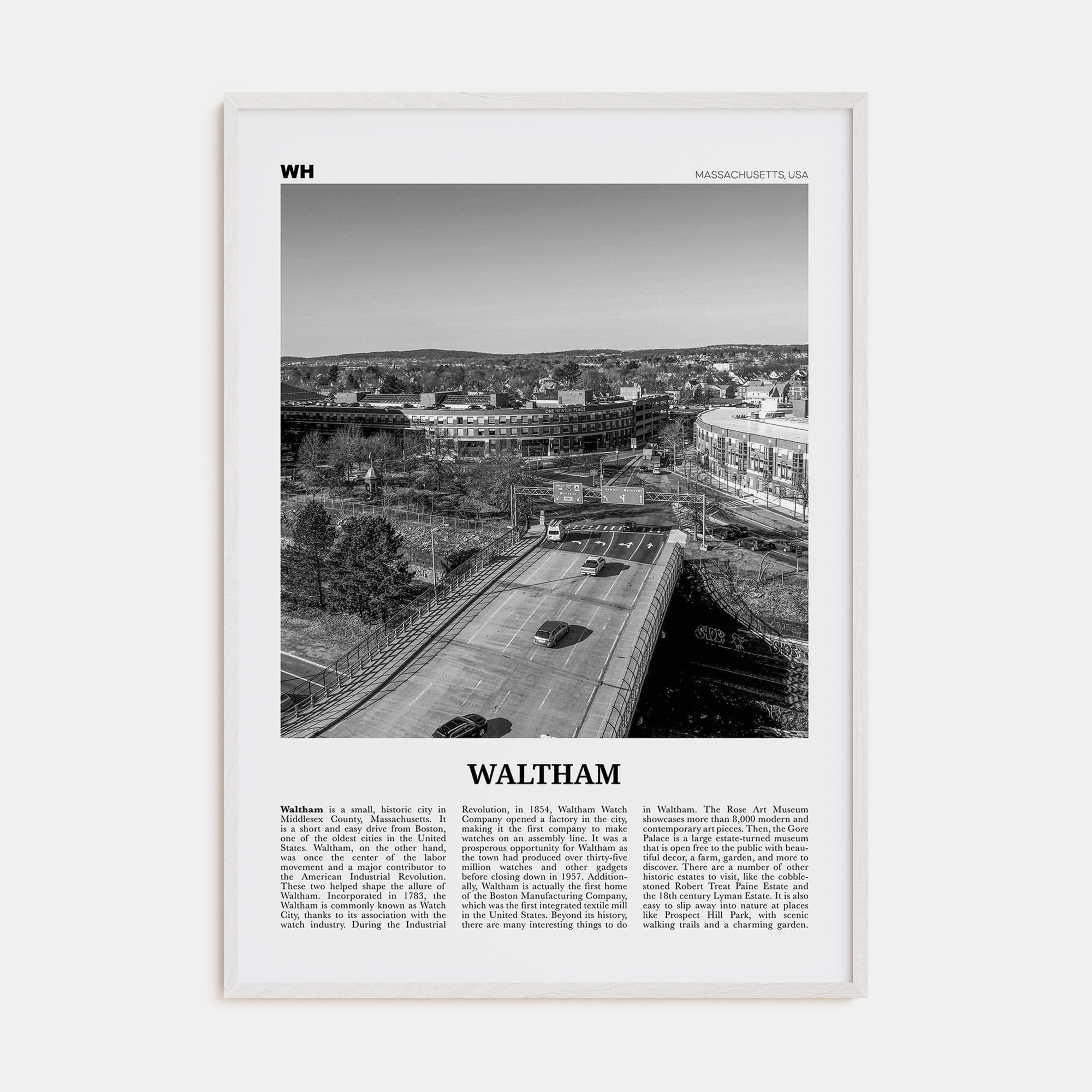 Waltham Poster White Wood / 8x12 in Nbourhood Travel B&W Poster