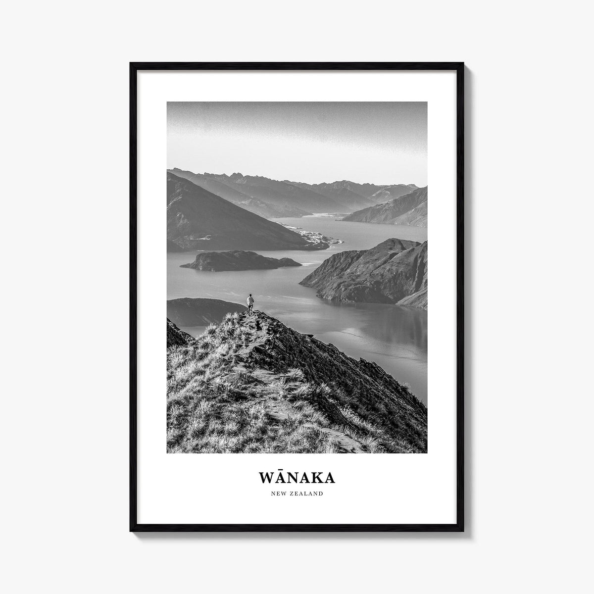 Wānaka black & white classic poster of New Zealand – vertical wall art, unframed print shown in interior mockup