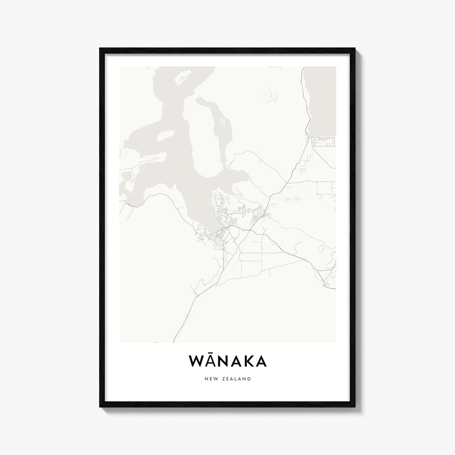 Wānaka black & white map poster of New Zealand – vertical wall art, unframed print shown in interior mockup