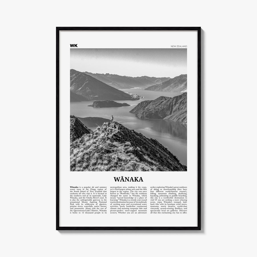 Wānaka black & white newspaper poster of New Zealand – vertical wall art, unframed print shown in interior mockup