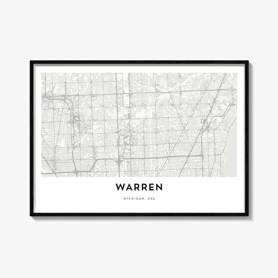 Warren black & white map poster of Ohio, USA – horizontal wall art, unframed print shown in interior mockup