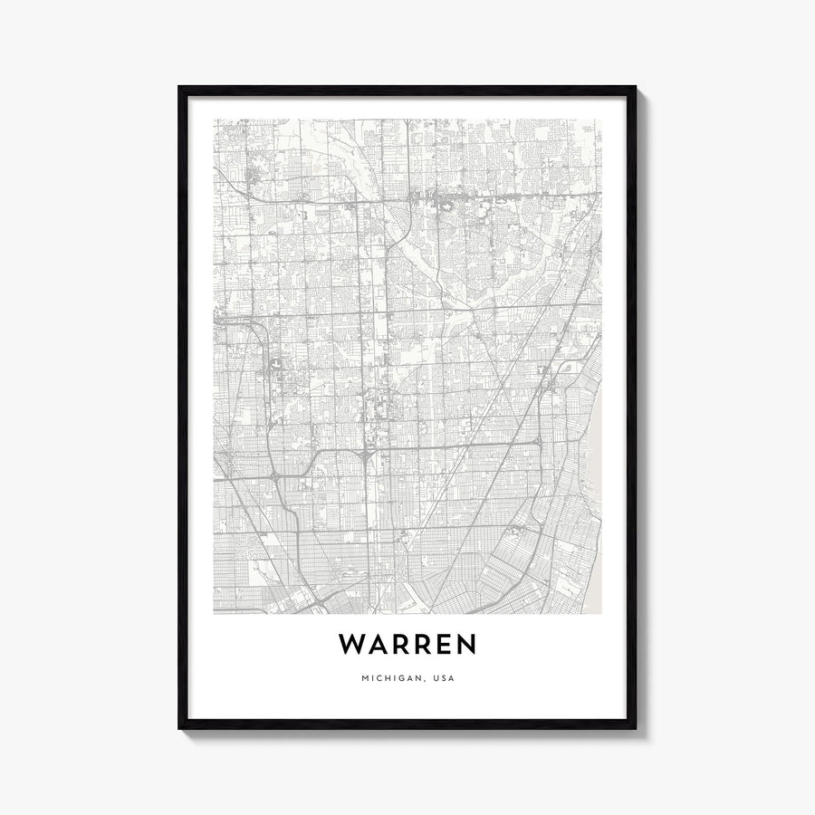 Warren black & white map poster of Ohio, USA – vertical wall art, unframed print shown in interior mockup