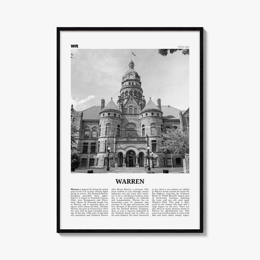 Warren black & white newspaper poster of Ohio, USA – vertical wall art, unframed print shown in interior mockup