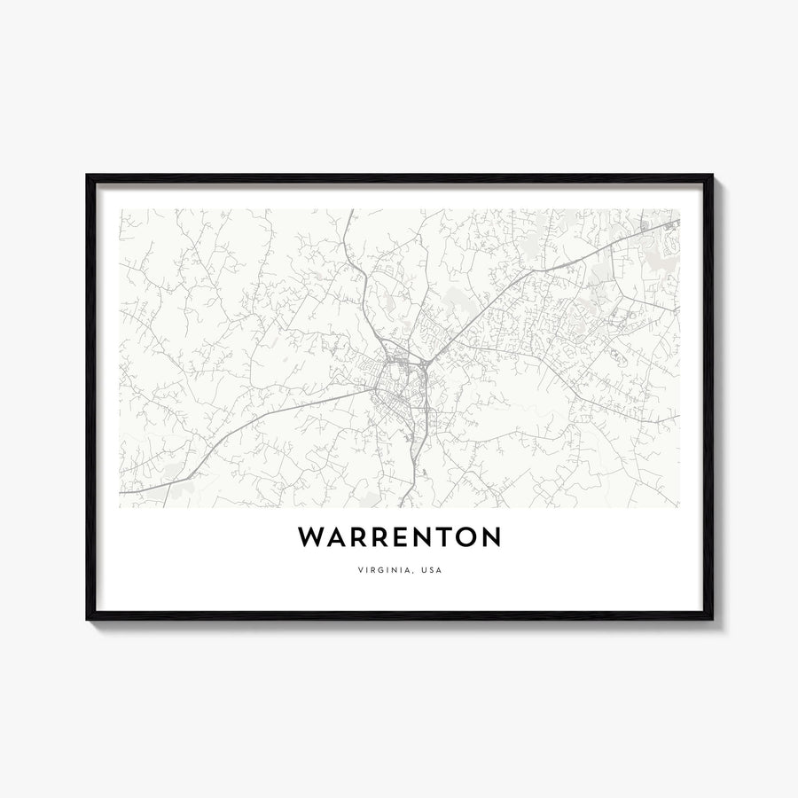 Warrenton black & white map poster of Virginia, USA – horizontal wall art, unframed print shown in interior mockup